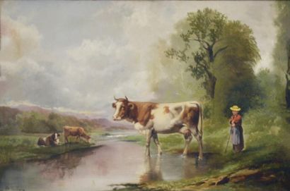 null Ecole française du XIXe siècle

Vaches et fermières au bord de l'eau

Huile...