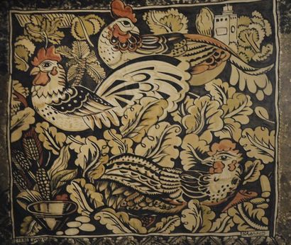 null J. CHARDON*** (XIXe-XXe siècle)

Coqs et poules 

Toile peinte imitant une tapisserie,...