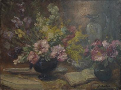 null Jacques MARTIN (1844-1919) 

Nature morte aux deux vases de fleurs, 

Huile...