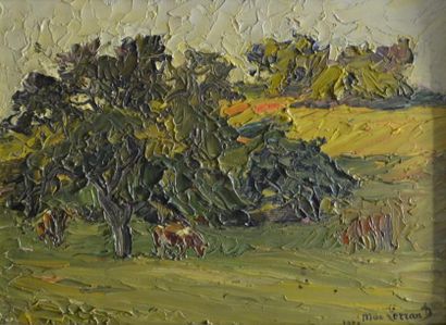 null Max LERRANT (1875-1955), vache sous un arbre, Huile sur carton signée en bas...