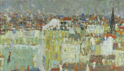 Henri LACHIEZE-REY (1927-1974) Les toits de Lyon et la Saône, 1955
Huile sur panneau,...