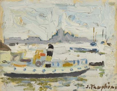 Jacques TRUPHEMUS (Né en 1922) * Bateau à Amsterdam, 1963
Huile sur papier marouflée...