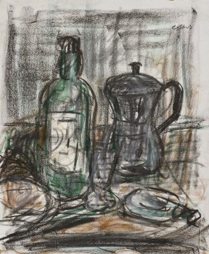 Erich SCHMID (1908-1984) * Cafetière et bouteille
Pastel et fusain, signé en haut...