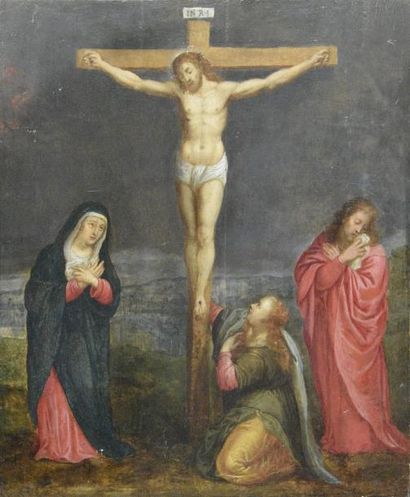 École FLAMANDE du XVIe siècle 
Crucifixion
Huile sur panneau
H. 59 cm - L. 49 cm...