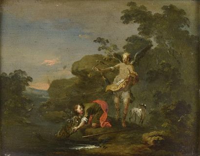 Norbert GRÜND (1717-1767) 
Tobie et l'ange
Panneau de hêtre, une planche, non parqueté
H....