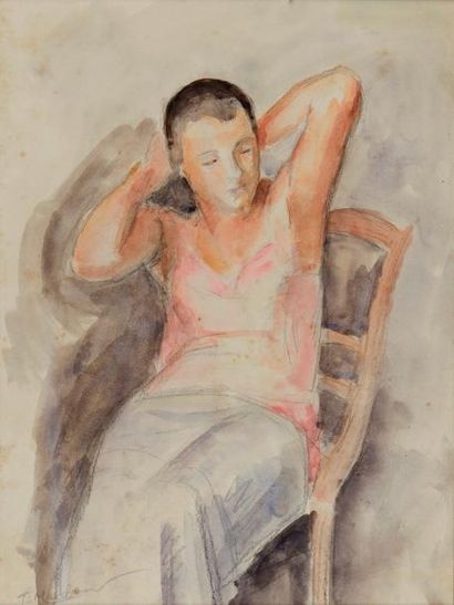 Jean Hippolyte MARCHAND (1883-1940) 
Jeune femme assise
Aquarelle et fusain signé...