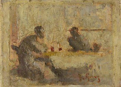 David GIRIN (1848-1917) 
Buveurs au café Bellecour
Huile sur carton signée en bas...