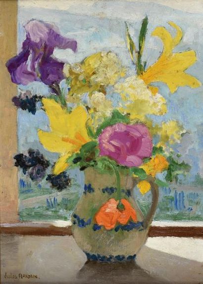 Jules-Léon FLANDRIN (1871-1947) 
Bouquets de fleurs dans un pichet Huile sur toile...