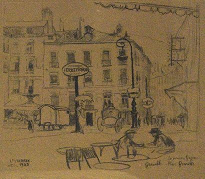 Jules-Léon FLANDRIN (1871-1947) 
Place Grenette à Grenoble Fusain signée en bas à...