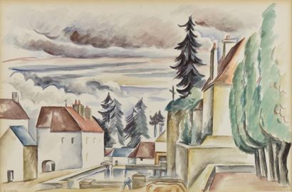 André LHOTE (1885-1962) 
Paysage de la Drôme (?)
Aquarelle, signée en bas à gauche
H....