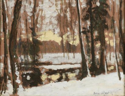 Henri-André MARTIN (1918-2004) 
Sous bois sous la neige
Gouache sur papier signée...