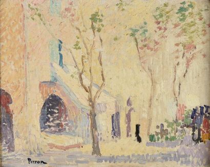 Henri PERSON (1876-1926) 
Une place à Saint-Tropez
Huile sur panneau. Cachet de la...