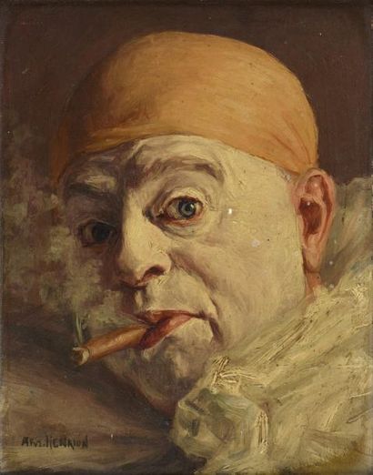 Armand HENRION (1875-1958) 
Clown fumant
Huile sur panneau, signe en bas à gauche
18...