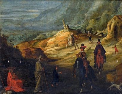 École Flamande du XVIIe siècle Scène de cavaliers et mendiants
Huile sur toile
H....
