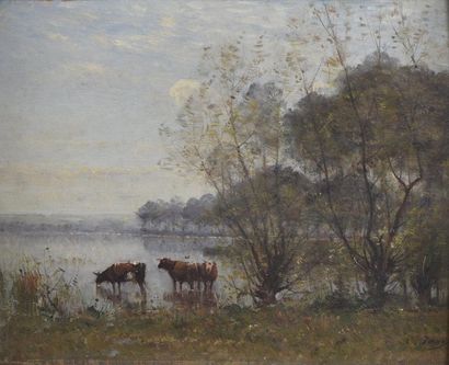 Louis Aimé JAPY (1839-1916) Trois vaches s'abreuvant dans un étang
Huile sur panneau,...