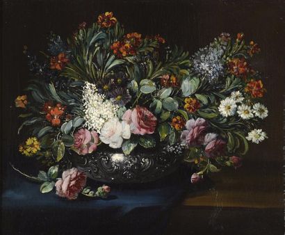 ÉCOLE ANGLAISE de la fin du XIXe siècle Coupe de fleurs reposant sur un entablement...