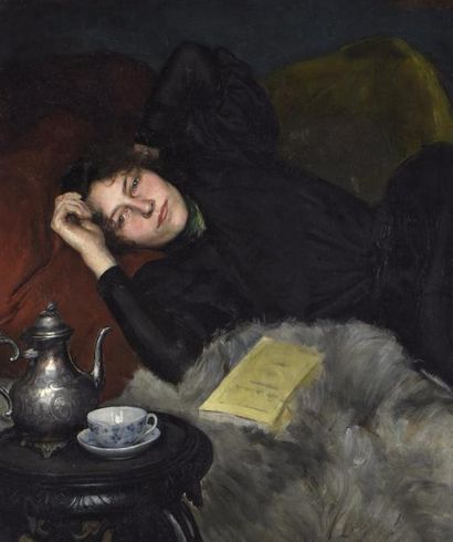 École de la fin du XIXe siècle, suiveur de Georges CLAIRIN Portrait de femme allongé
Huile...