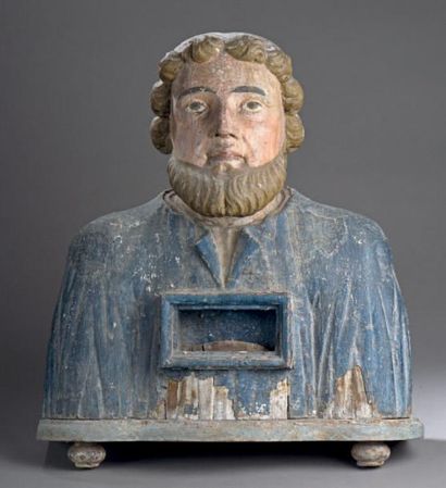 null Buste reliquaire d'un saint personnage barbu, en chêne polychrome
XVIIIe siècle
H....