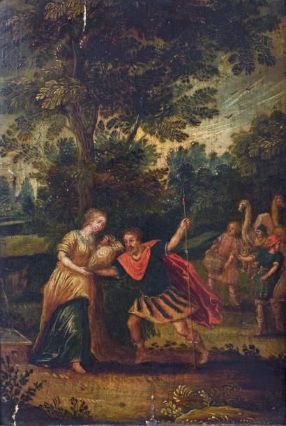 École Flamande, vers 1640 David et Abigaïl
Jacob et Rachel
Paire de panneaux de chêne,...