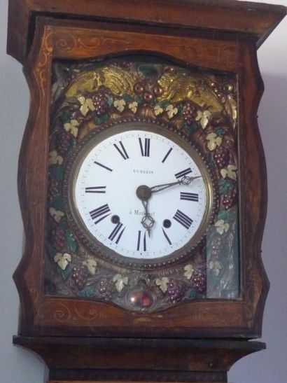 null Horloge de parquet en bois peint, à décor de rinceaux, fleurs, gerbes de blé...