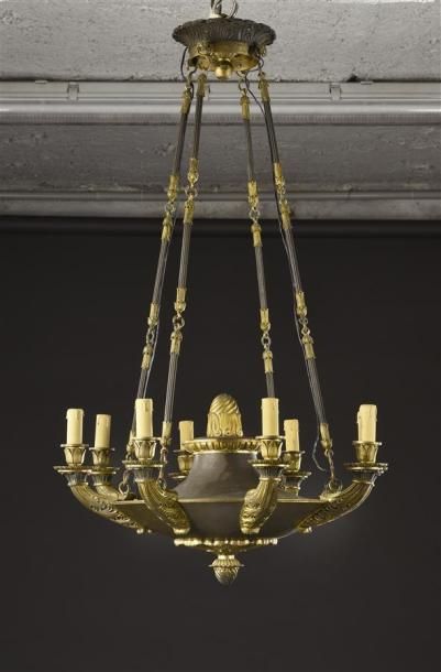 null Important lustre en forme de lampe antique en tôle laquée et bronze doré à huit...