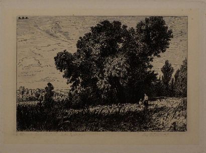 ESTAMPES Charles-Emile JACQUE (1813-1894) Paysage Eau forte signée H. 12 cm L. 15...