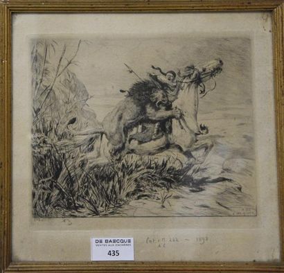 ESTAMPES E. VAN MUYDEN Cavalier attaqué par un lion, 1893 Eau-forte A vue hors tout...