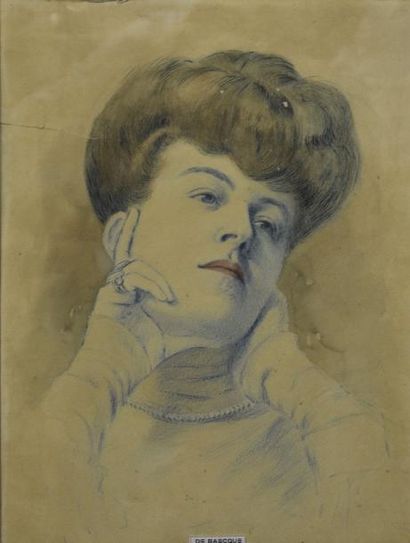 null Ecole FRANCAISE vers 1900 Portrait de femme Dessin aux deux crayons avec fond...