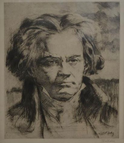 Dessins - Oeuvres sur papier Alméry LOBEL-RICHE (1877 - 1950) Portrait de Beethoven...