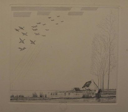 Dessins - Oeuvres sur papier Jean Emile LABOUREUR (1877-1943) Le vol de canards (Grande...