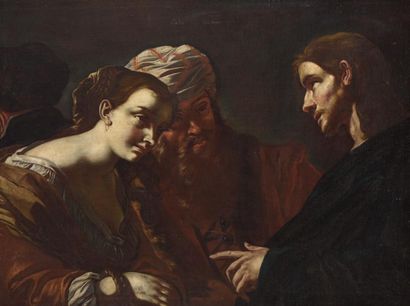 Attribué à Mattia PRETI (Taverna, 1613 - Malte, 1699) Le Christ et la femme adultère
Huile...
