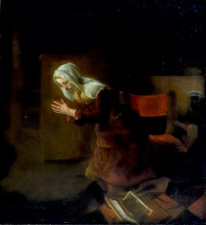 Attribué à Ferdinand BOL (1616-1680) Femme priant à genoux dans un intérieur
Huile...