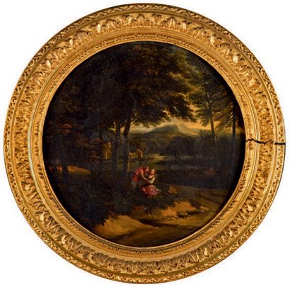 ECOLE FRANCAISE VERS 1700, suiveur de Francisque MILLET Couple galant dans un paysage
Couple...