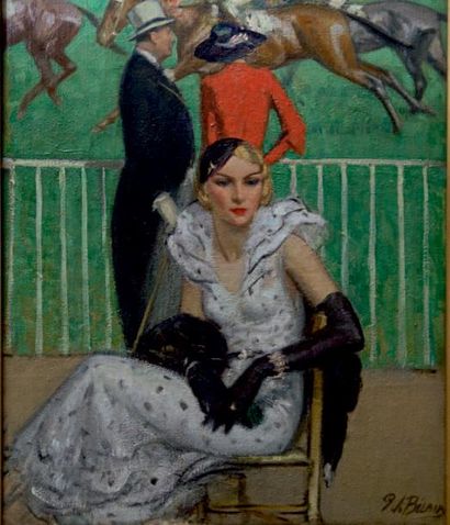 Pierre de BELAIR (1892-1956) Élégante aux courses
Huile sur toile, signée en bas...