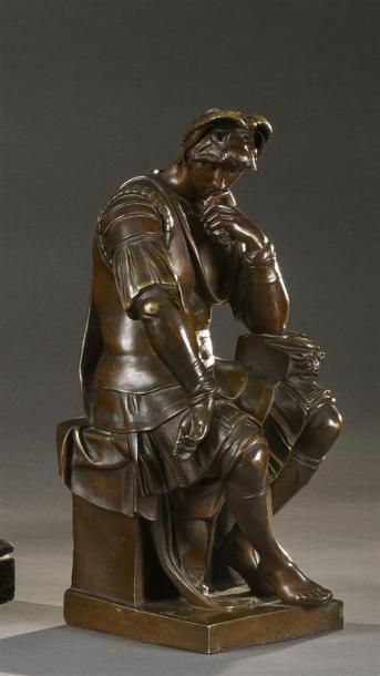 D'après MICHEL-ANGE (1475-1564) Laurent de Médicis en armure
Bronze à patine brune,...