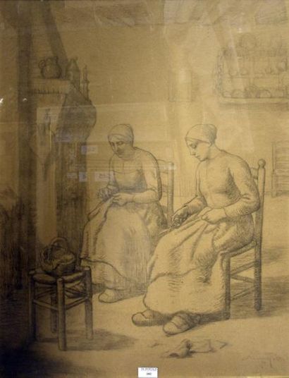 Dessins - Oeuvres sur papier Aimé PERRET (1847-1927) Deux couturières devant la cheminée...