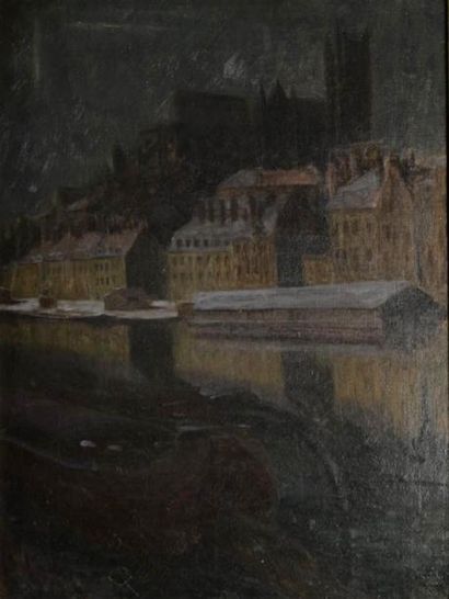Art moderne et contemporain ARNOULD-MOREAUX (né en 1875) Péniche dans une ville du...