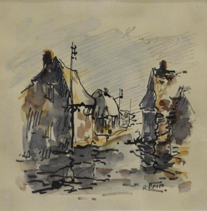 Dessins - Oeuvres sur papier René PRIN (1905-1985) Vue de village Plume et encre...