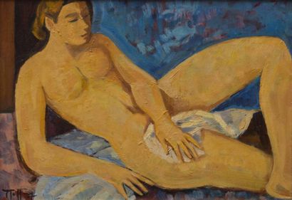 Art moderne et contemporain HENRY (XXe siècle) Nu sur fond bleu Huile sur panneau,...