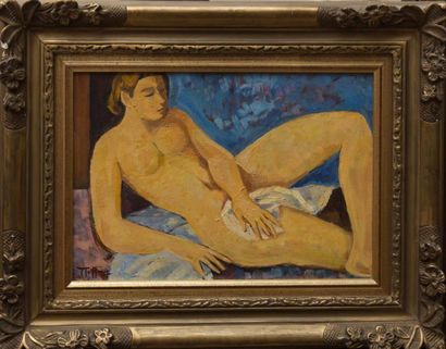 Art moderne et contemporain HENRY (XXe siècle) Nu sur fond bleu Huile sur panneau,...