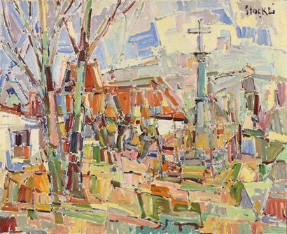 Art moderne et contemporain *Paul STOCKLI (1906-1992) La Croix près de l'église Huile...