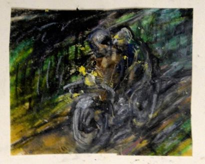 Art moderne et contemporain *Erich SCHMID (1908-1984) Couple à moto Pastel H. 9 cm...