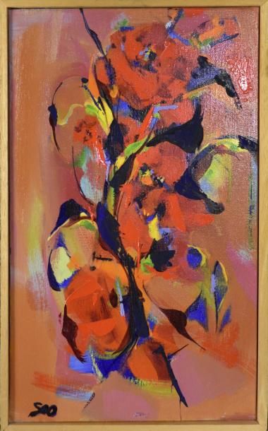 Art moderne et contemporain SEO (XXe siècle) Fleurs grimpantes Acrylique sur toile...