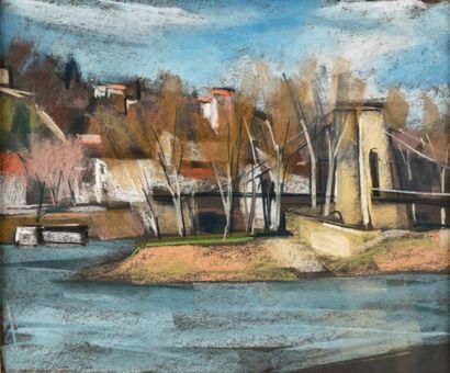 Adrien BAS (1884-1925) La Saône et le pont de l'Île Barbe
Pastel et fusain sur papier...
