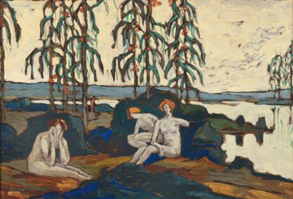 Eugène BROUILLARD (1870-1950) Trois baigneuses dans un paysage lacustre, circa 1920
Huile...