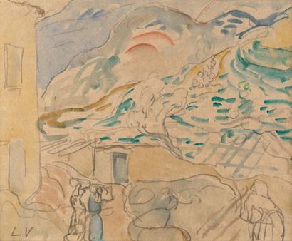 Louis VALTAT (1869-1952) Paysage méditerranéen animé
Aquarelle sur traits de crayon,...