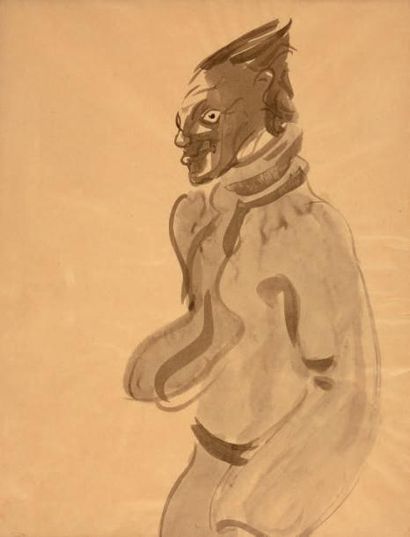 ANTOINE DE SAINT-EXUPERY (1900-1944) Autoportrait présumé, 1943
Lavis d'encre brune
H....