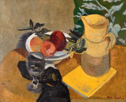 Antoine CHARTRES (1903-1968) Table au verre, au pichet à l'assiette de pêches et...