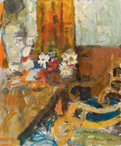 Marcel SAINT-JEAN (1914-1994) Intérieur au fauteuil et au bouquet de fleurs
Huile...
