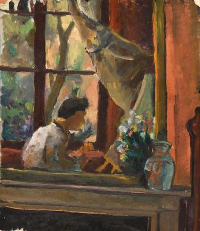 Jacques TRUPHÉMUS (1922-2017) Portrait du peintre dans le miroir de la cheminée,...